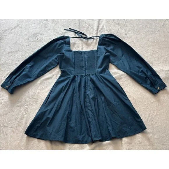 Anthropologie Long-Sleeve Square-Neck Poplin Mini Dress Sz Sm Blue NWT - Picture 4 of 9
